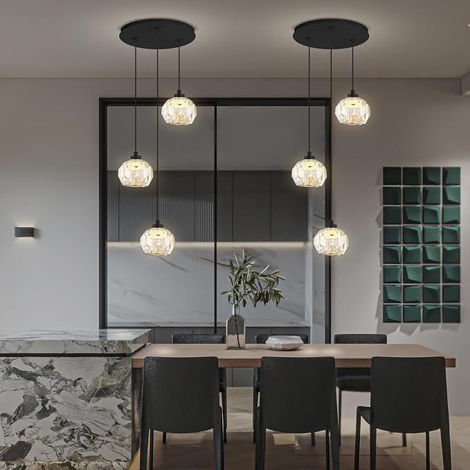 3-Light Crystal Pendant Light Black LED Crystals Ball Chandeleir Enhance Kitchen Island, Bathroom, Bedroom, and Bar