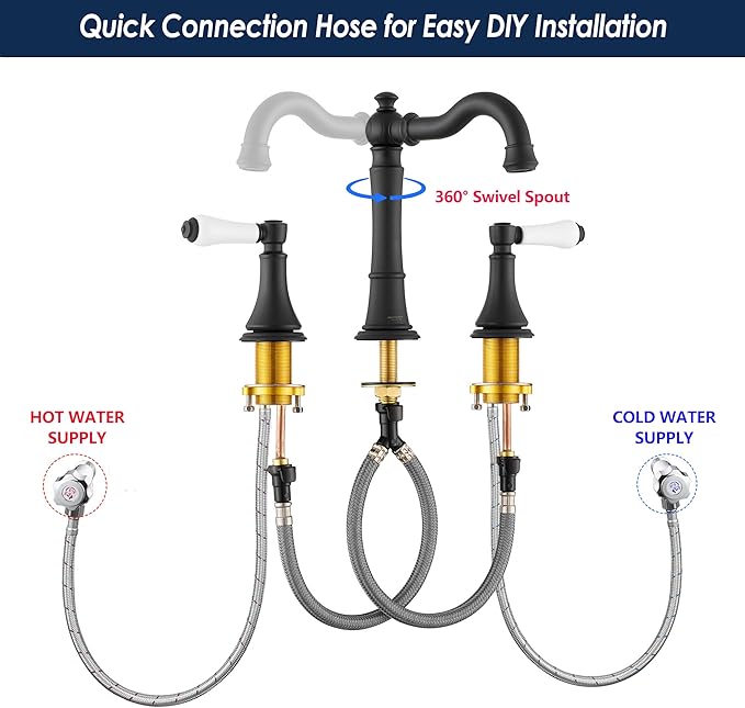 Porcelain 2-Handle Bathroom Faucet Matte Black 8 inch Widespread with Plastic Pop-Up Drain & 2Pcs Water Supply Lines, Classical 3-Hole Vanity Sink Faucets, High Arc 360° Swivel Brass Spout