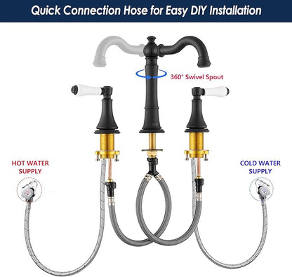 Porcelain 2-Handle Bathroom Faucet Matte Black 8 inch Widespread with Plastic Pop-Up Drain & 2Pcs Water Supply Lines, Classical 3-Hole Vanity Sink Faucets, High Arc 360° Swivel Brass Spout