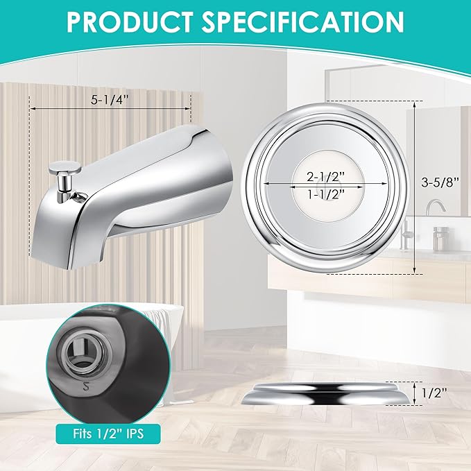 Universal Bathroom Tub Spout with Metal Tub Spout Cover Ring, 5 1/4 Inches Reach Wall Front Mount Faucet with Shower Diverter 1/2" IPS Inside Thread(Chrome)