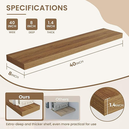 Dreamland Deep Floating Shelves, 8" Deep Long Shelves Set of 2, 40 Inches Floating Shelf for Wall,Large Display & Storage Shelf for Bathroom Bedroom Living Room Kitchen Office, Walnut