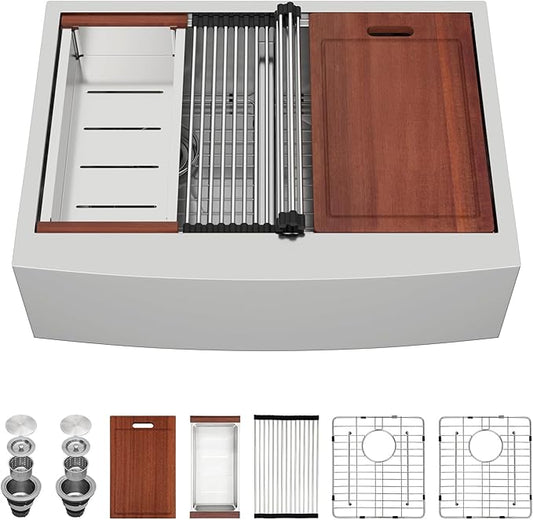 Sarlai 30 Kitchen Farm Sink Double Bowl Stainless Steel - 30 x 22 inch Kitchen Sink Apron Front Ledge Workstation 50/50 Double Basin 16 Gauge Stainless Steel Low Divided Kitchen Farm Sinks