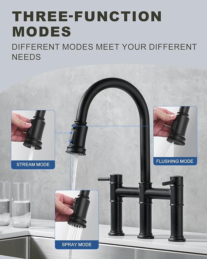 Bridge Faucet for Kitchen Sink: iVIGA Black Farmhouse 3 Hole Kitchen Faucet with Pull Down Sprayer (3 Spray Modes) - 2 Handle High Arc Brass Faucet with 360° Swivel, with Supply Lines