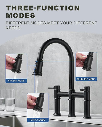 Bridge Faucet for Kitchen Sink: iVIGA Black Farmhouse 3 Hole Kitchen Faucet with Pull Down Sprayer (3 Spray Modes) - 2 Handle High Arc Brass Faucet with 360° Swivel, with Supply Lines