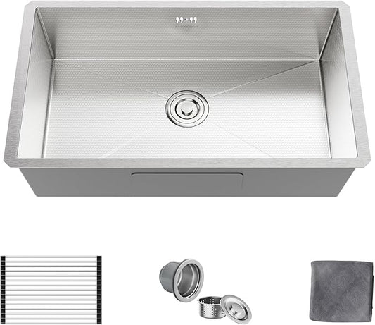 MAYESAR 27" Undermount Stainless Steel Kitchen Sinks, 27 x 18 Inch 16 Gauge Single Bowl Kitchen Sink, Honeycomb Embossed Design Prevents Scratches and Wear, with Accessories
