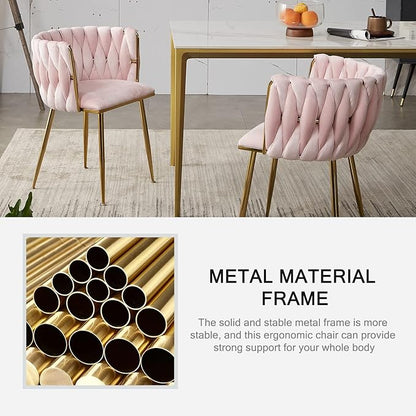 Nrizc Woven Dining Chairs Set of 4, Velvet Upholstered Dining Chairs with Gold Metal Legs, Modern Accent Chairs for Living Room, Dining Room, Kitchen (Pink)