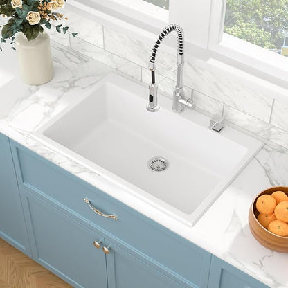 Sarlai Granite Composite Kitchen Sink 33 Inch White Kitchen Sink Drop In 33×22 Granite Kitchen Sinks Topmount White Quartz Classic Above Counter Single Bowl Basin