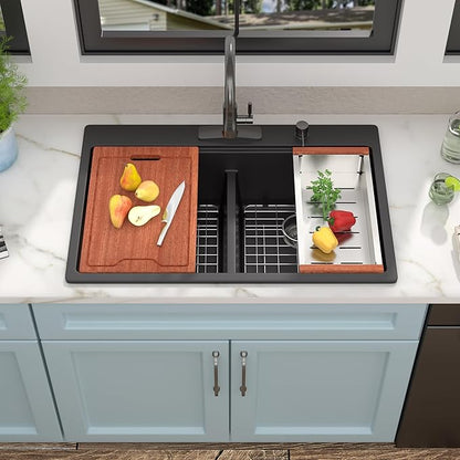 33"x22" Granite Composite Kitchen Sink Double Bowl - Matte Black Ledge Workstation Drop In Top Mount Double Bowl 50/50 Quartz Classic Above Counter Basin