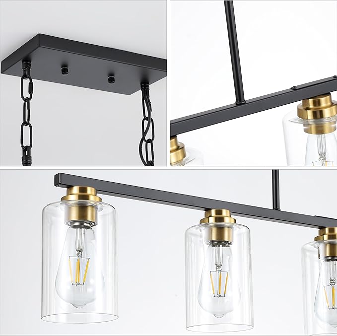 Mecgirn Island Light for Kitchen, Black and Gold Dining Room Light Fixture Over Table, 5-Light Linear Chandelier Pendant Lighting for Dining Table Kitchen Island Living Room