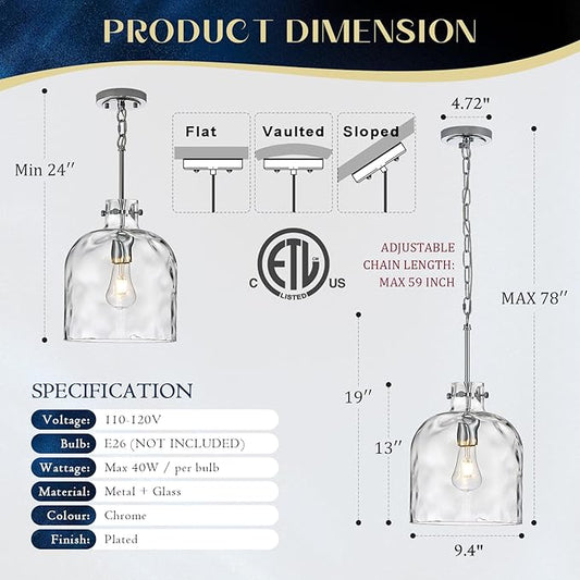 Chrome Pendant Light for Kitchen Island – 10" Modern Glass Dome Hanging Light Fixture, Single E26 Ceiling Pendant Lamp for Dining Room, Hallway, Bedroom