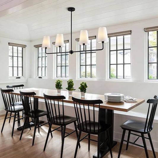 Black Linear Chandelier Modern Farmhouse Kitchen Island Light Fixture Classic 4 Light Chandeliers with White Linen Shades Over Dining Table