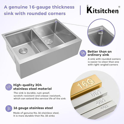 Kitsitchen Undermount Kitchen Sink 36 Inch, Large Farmhouse Workstation Apron Front Kitchen Sink,16 Gauge Stainless Steel 10" Deep Double Bowl Farm Kitchen Sinks with Ledge & Accessories