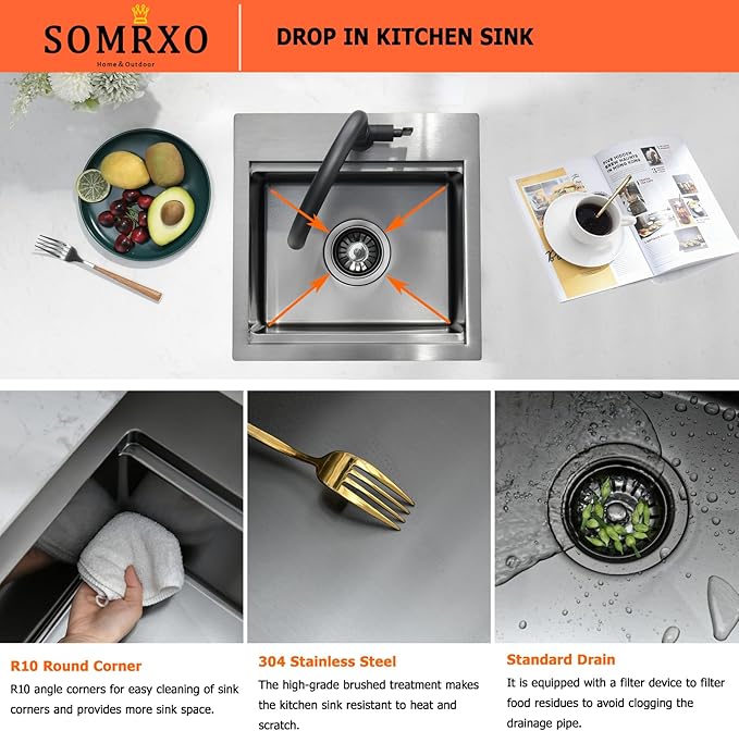 15x15 Black Bar Sink Drop In - 16 Gauge Black Stainless Steel Small Kitchen Sink, 9" Deep Single Bowl Workstation Sinks with Accessories for RV, Outdoor Kitchen & Wet Bar