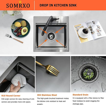 15x15 Black Bar Sink Drop In - 16 Gauge Black Stainless Steel Small Kitchen Sink, 9" Deep Single Bowl Workstation Sinks with Accessories for RV, Outdoor Kitchen & Wet Bar