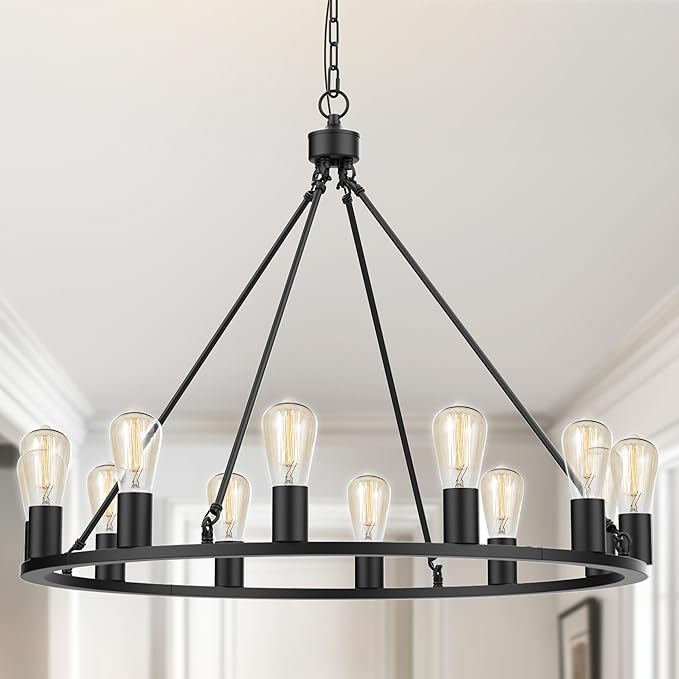 L LOHAS LED Black Farmhouse Chandeliers for Dining Room, 12-Light Wagon Wheel Chandelier Over Table, Height Adjustable, 32" Dining Room Light Fixture, Modern Chandelier for Kitchen Island Living Room