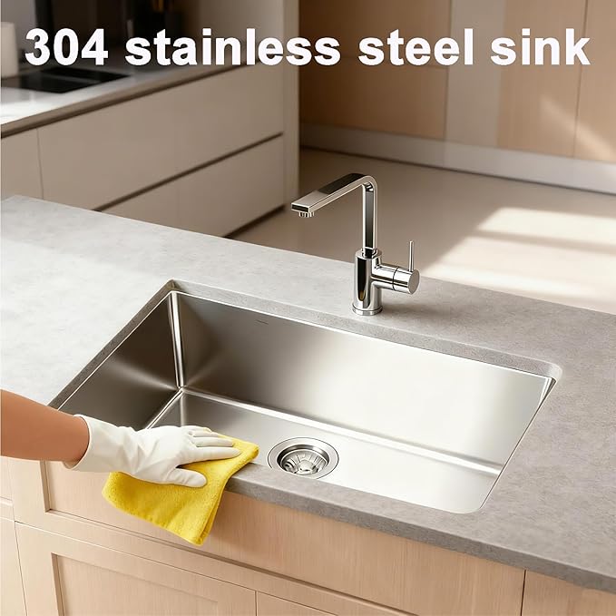 Kitchen Sink 30x18 Inch Undermount Sink 304 Stainless Steel 16 Gauge Single Bowl 9" Deep Handmade Kitchen Sinks Set with Accessories