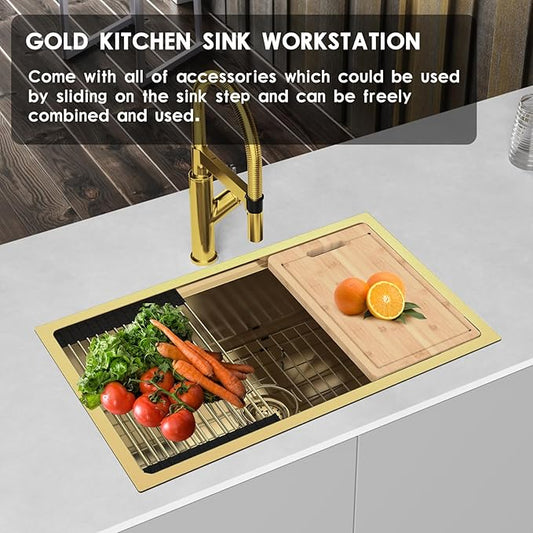 Gold Kitchen Sink Workstation, 30"x 18" Stainless Steel Single Bowl Kitchen Sink Workstation Undermount Or Top mount Workstation Sink With Matching Gold-tone Accessories For Luxurious Modern Kitchen
