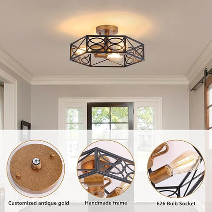 Industrial Semi Flush Mount Ceiling Light Fixture, Retro Gold Close to Ceiling Light with Black Metal Hexagon Cage, Vintage Farmhouse 3-Light Ceiling Lamp for Kitchen, Hallway, Bathroom