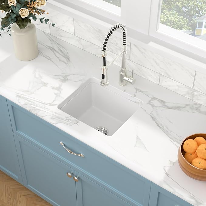 Sarlai White Kitchen Sink Granite Composite - 18 x 16 inch Bar Prep Sink White Granite Composite Quartz Undermount Single Bowl Rectangular RV Camper Sinks Basin