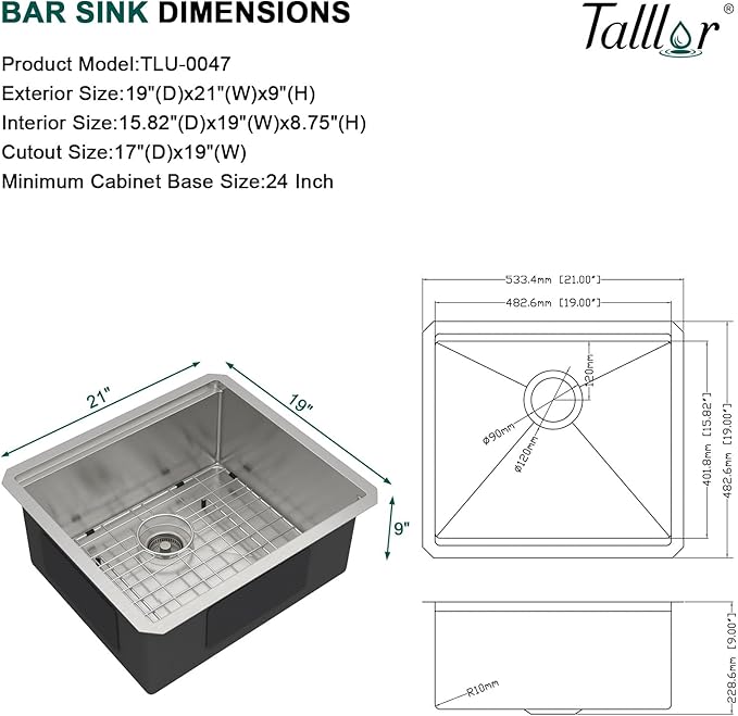 21 Inch Undermount Bar Sink - 21x19 Workstation 16 Gauge T-304 Stainless Steel Single Bowl Wet Prep Sinks for Kitchen Bar, Outdoor, RV #TLU-0047