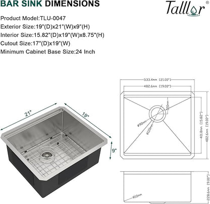 21 Inch Undermount Bar Sink - 21x19 Workstation 16 Gauge T-304 Stainless Steel Single Bowl Wet Prep Sinks for Kitchen Bar, Outdoor, RV #TLU-0047