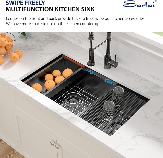 Sarlai 33 Inch Black Undermount Kitchen Sink Double Bowl 33 x 19 Inch Low Divided Gunmetal Black Workstation Double Kitchen Sink Stainless Steel 16 Gauge 60/40 Sinks Basin