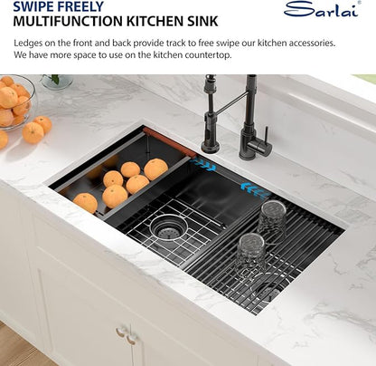 Sarlai 33 Inch Black Undermount Kitchen Sink Double Bowl 33 x 19 Inch Low Divided Gunmetal Black Workstation Double Kitchen Sink Stainless Steel 16 Gauge 60/40 Sinks Basin