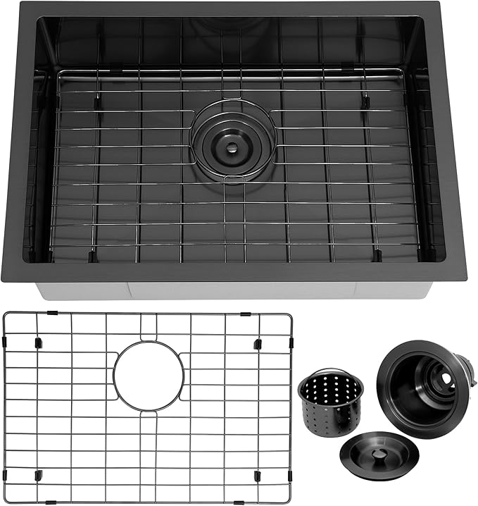 Kitsitchen Black RV Kitchen Sink, SUS304 Stainless Steel Undermount Kitchen Sinks, 23" x 16" x 7"Single Bowl Kitchen Sinks with Accessories,7 inch Depth for Outdoor Camper RV Sink