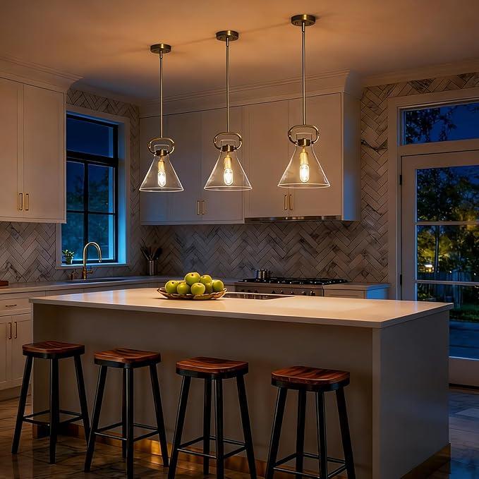 Glass Pendant Lights Kitchen Island 9.8",Matte Gold Island Pendant Lights 1 Light Modern Pendant Hanging Lamps with Funnel Glass Shade for Kitchen over Dining Table,E26 Base,Adjustable Height,Dimmable