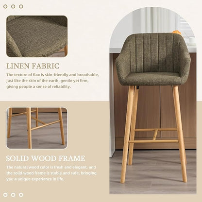 Modern Stools Set of 2, Kitchen Island Tall Chairs with Back, Arm, Footrest and Solid Wood Leg, Linen Fabric Upholstered Stools - Green