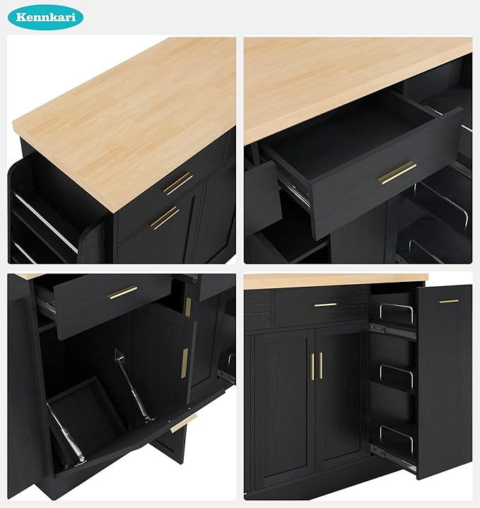58'' Multi-Functional Storage Sideboard with Trash Can Storage and Adjustable Shelves, Console Table with Sliding Door Cabinet, Kitchen Island with 3-Tier Spice Rack for Dining Room (Black)