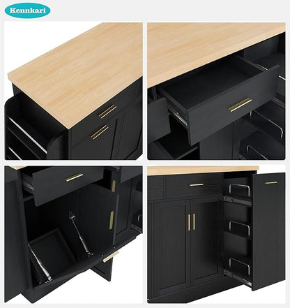 58'' Multi-Functional Storage Sideboard with Trash Can Storage and Adjustable Shelves, Console Table with Sliding Door Cabinet, Kitchen Island with 3-Tier Spice Rack for Dining Room (Black)