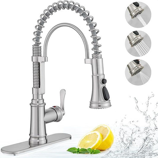 Pull-down Sprayer Kitchen Faucets Brushed Nickel 3 Mode Single Hole Kitchen Faucet 3 Hole, 360 Degree Swivel Stainless Steel Faucet for Kitchen Sink, 1 Handle Kitchen Sink Faucet with Deck Plate