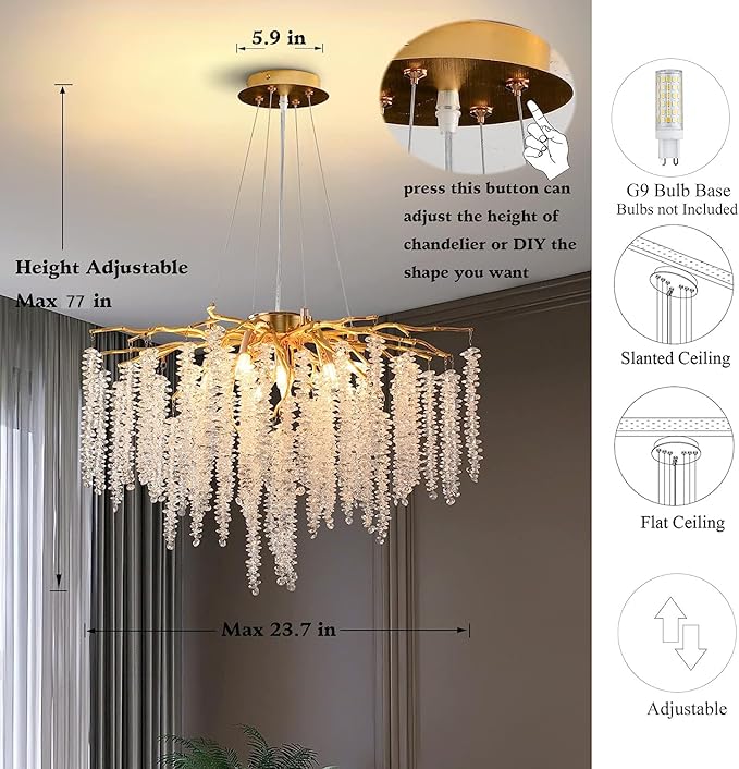 Crystal Tree Branches Chandeliers Gold Luxury Round Raindrop Pendant Light Fixture 9 Light Tassel Ceiling Hanging Light for Dining Room Bedroom Living Room Entryway 23.7"