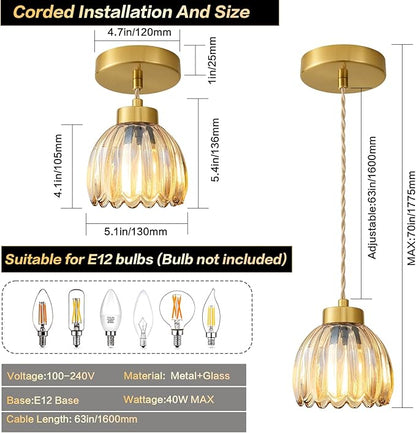 Vintage Pendant Light Fixtures Small Pendant Lighting Amber Glass Hanging Ceiling Light Flower Pendant Lights Kitchen Island for Dining Room Bedroom Living Room Hallway 3 Pack