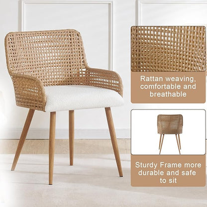 Rattan Dining Chairs Set of 4,Upholstered Modern Dining Room Chairs with Boucle Cushion,PE Cane Back Kitchen Chair with Armrest for Farmhouse, Kitchen,Restaurant