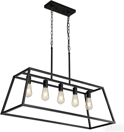 Black 5-Light Farmhouse Kitchen Island Lighting, Modern Industrial Linear Rectangle Chandelier Pendant Light Fixtures, Metal Vintage Cage Chandelier for Dining Room Kitchen Bar Foyer, E26 Base