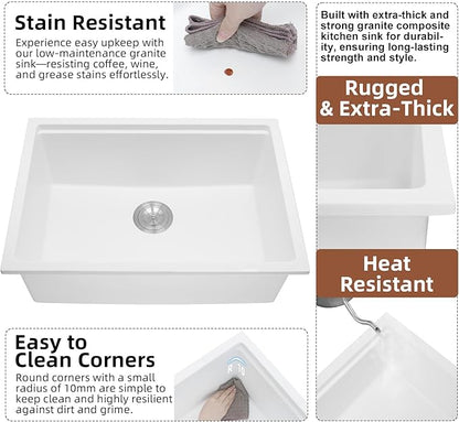 Davivy 27 Inch White Undermount Kitchen Sink Workstation, Dual Mount Granite Quartz Composite Kitchen Sink, Single Bowl with Accessories