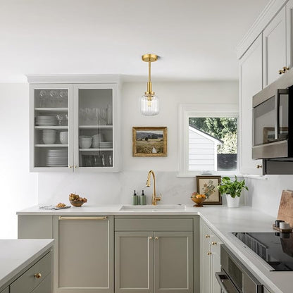 Brushed Gold Pendant Lights Kitchen Island, 1-Light 5.9" Modern Glass Pendant Light with Clear Glass and Rods, Mini Hanging Lighting for Kitchen Sink Bathroom Bedroom, OS-YQ7749-1PBG