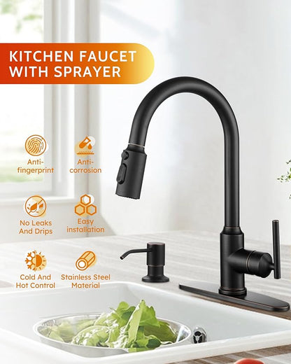 WOWOW Kitchen Faucets with Sprayer, Oil Rubbed Bronze Rv Kitchen Faucet, Single-Handle Camper Outdoor Sink laundry faucets for Utility 4 Hole Kitchen Faucet for Sink Faucet Kitchen with Soap Dispenser
