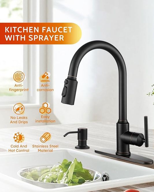 WOWOW Kitchen Faucets with Sprayer, Oil Rubbed Bronze Rv Kitchen Faucet, Single-Handle Camper Outdoor Sink laundry faucets for Utility 4 Hole Kitchen Faucet for Sink Faucet Kitchen with Soap Dispenser