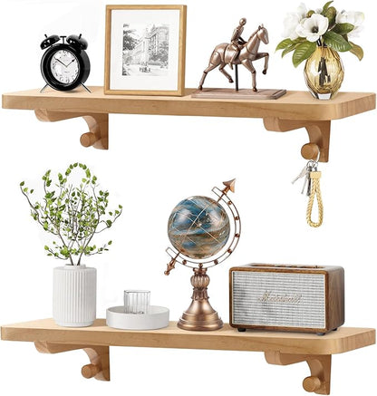 Wooden Floating Shelves for Wall, 22.6" W x 6" D x 0.8" H Large Wall Shelves, Hanging Storage Shelf with Hooks for Living Room, Kitchen, Bathroom, Bedroom Decor, Natural, 2 Packs