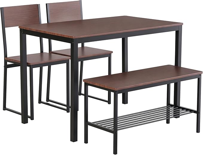 HOMCOM Industrial 4 Piece Dining Room Table Set with Bench Wooden Kitchen Table and Chairs w/Storage Rack for Kitchen, Dinette, Black/Brown