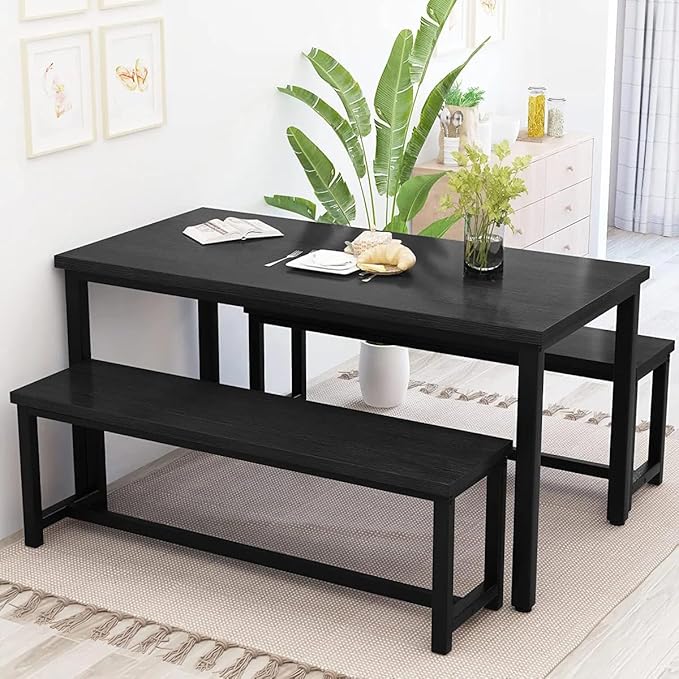 Recaceik Dining Table Set for 4 Kitchen Dining Room Set with 2 Dinner Benches, Farmhouse Breakfast Table for Apartment Small Space, Easy Assembly