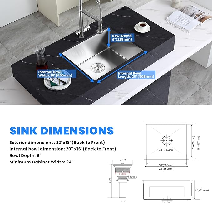 POPFLY 22×18 Inch Undermount Kitchen Sink, 18 Gauge SUS304 Stainless Steel Handmade Single Bowl Bar Prep 9 Inches Deep SInk with Accessories, Brushed Nickel