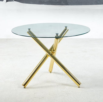Round Glass Dining Table,Glass Dining Room Table with Metal Legs, Modern Style Glass Kitchen Table for Home, Kitchen, Dining Room