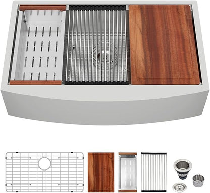 Logmey 30 In Farmhouse Sink, 30x21 Stainless Steel Flat Apron Front Kitchen Sink Workstation, Undermount 16 Gauge Single Bowl Farm Sinks for Kitchen