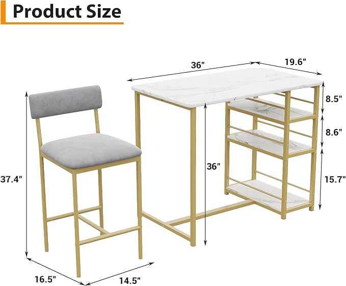 Takywep 3 Piece Dining Table Set for 2 with 3 Large Storage Shelves, Kitchen Table and Chairs for 2 with Pu Cushion Chairs & Thick Wood Top, Dining Table Set for Small Space, Apartment, Gold