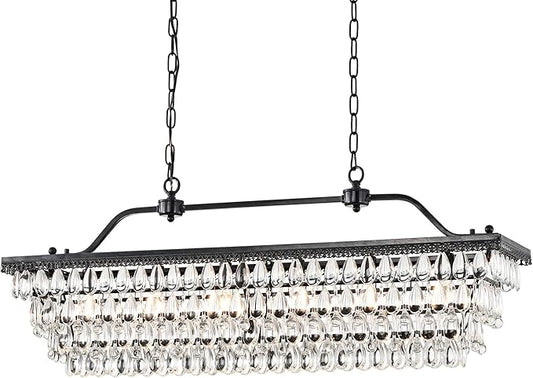 Edvivi Rectangular Linear Crystal Chandelier 40 in. W, 6 Lights Luxury Glam Adjustable Ceiling Lighting Fixture with 4 Rows of Teardrop Crystals for Living Dining Room Kitchen Island, Antique Black