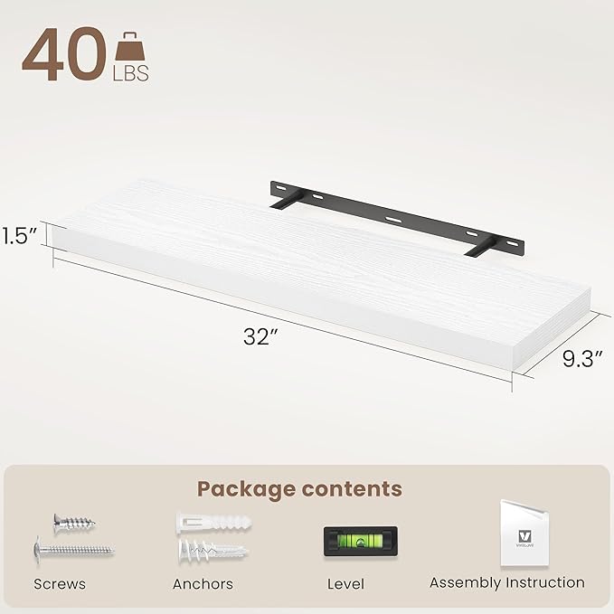 Vivelove White Floating Shelves 32 Inches Long, Wall Display Shelves with Invisible Brackets, for Bathroom Living Room Kitchen Bedroom Office Farmhouse Home Decor, 32x9.3X 1.5 - Set of 2, White